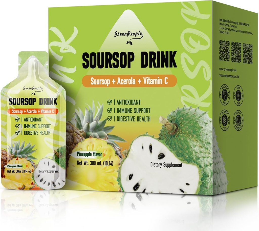 GREENPEOPLE Soursop & Acerola Liquid Supplement Drink, Soursop Bitters Liquid, Immune Boosing Vitamina C Drink, Rapid absorbtion, Vegan, Non-GMO, 10 Pachete