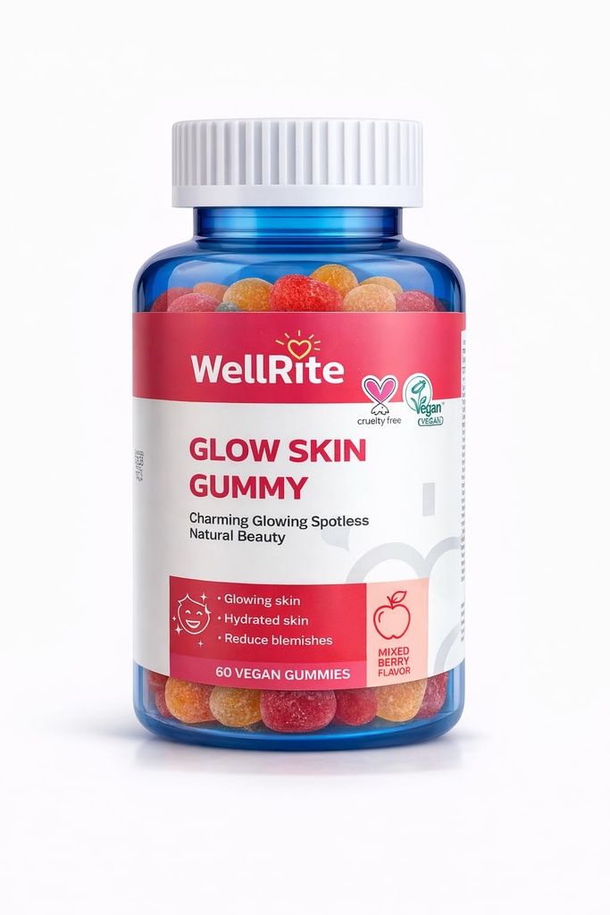Glow Skin Gummy Vitamine, 60 Count, Apple Aromă, Vegan, Gelatină Gratuit, Gluten gratuit, Nut gratuit, luminos și hidratat de piele, Eczeme reduse, riduri reduse