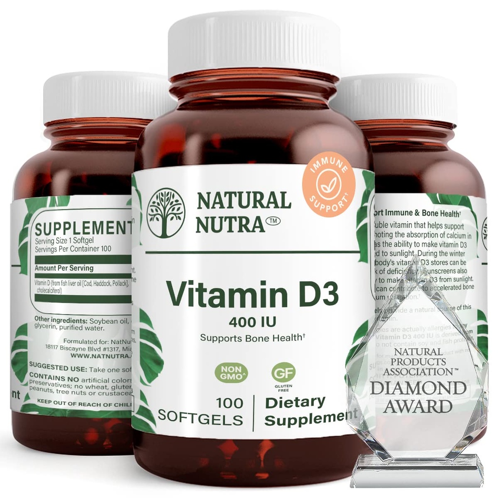 Natural Nutra Supreme Vitamina D3 400 UI Softgels, ajută Boost Immune, Suport Plămânii Sănătate, Sunshine Vitamina, Ajuta la îmbunătățirea sănătății cardiovasculare, Oase și dinți Putere, Gluten-Free, 100 Softgels