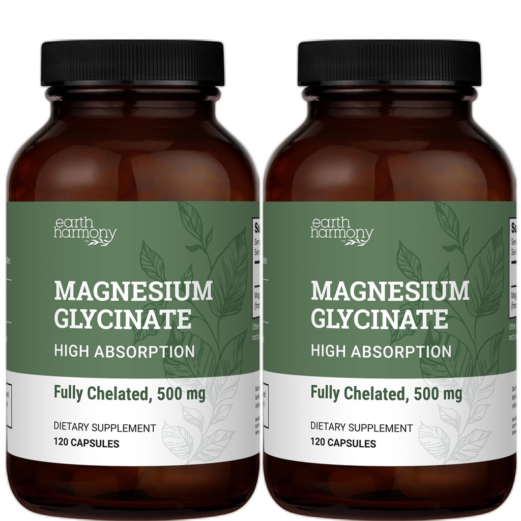 Earth Harmony Glicinat de magneziu Chelated 500mg - 120 capsule (2-Pack, 1000mg Total)