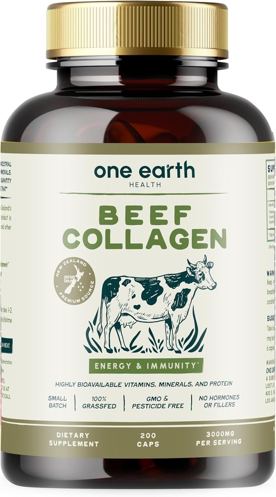 One Earth Health Grass Fed Beef Collagen - Noua Zeelandă Source Natural Colagen Supliment. (Tipurile I, II, III, V și X) 3000 mg per Serving, 200 Count