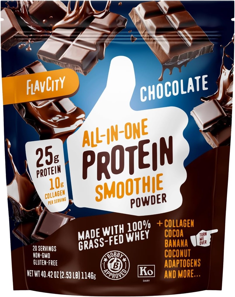 FlavCity Grass Fed Whey Praf de proteine de ciocolată - 25g Proteine & 10g Colagen - Made with Organic Cocoa, Banana & Coconut Milk - Gluten Free & No Added Sugars (20 Serviri)