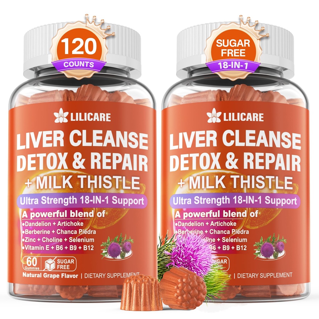 Lapte Thistle Ficat Detoxifiere Gummies, 18-IN-1 Ficat Cleanse Detoxifiere & Reparații Supliment cu Berberine, Root Cicoare, Turmeric, Anghinare, Root Dandelion, Chanca Piedra, Vitamine B6 B12-Sugar Free,Pachet de 2