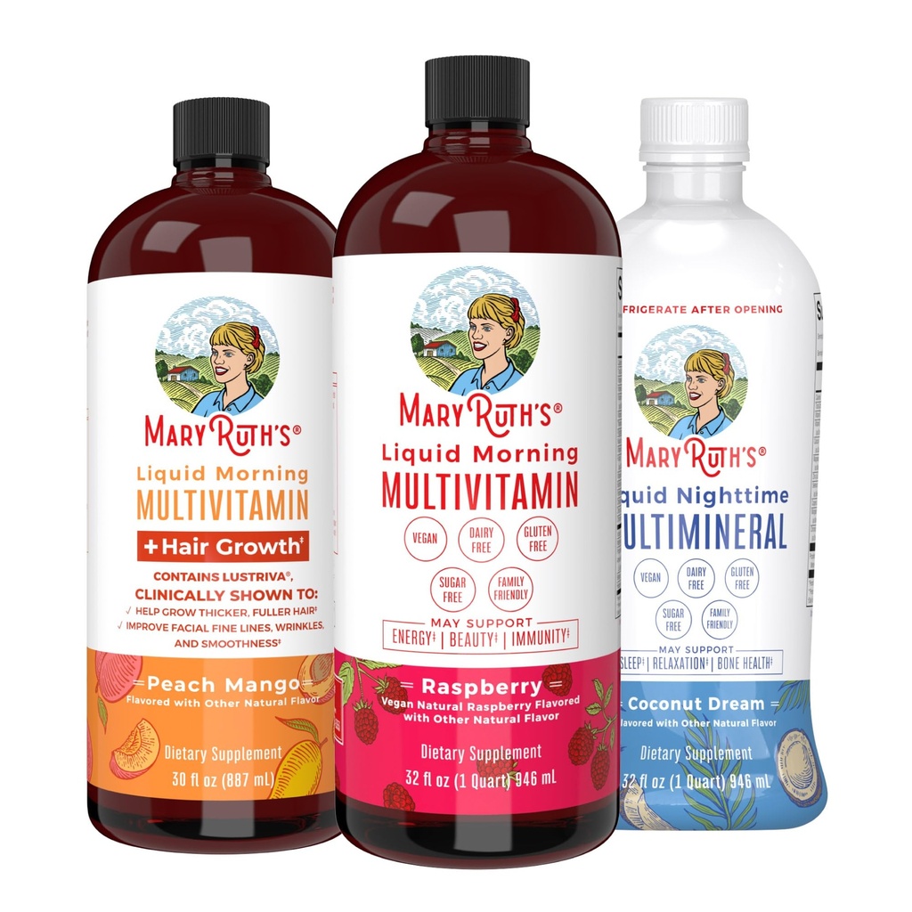 MaryRuth's Liquid Morning Multivitamine: +Creștere a părului (Peach Mango), Zilnic Wellness (Raspberry), și Nighttime Multimineral (Cocont) 