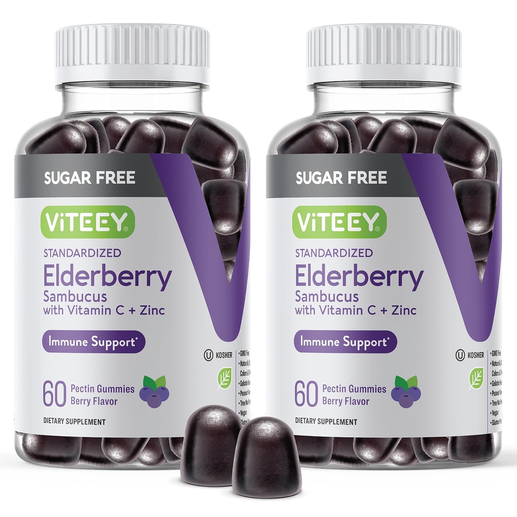 VITEEY Sambucus Gumiile de soc pentru adulti si adolescenti + Zinc & Vitamina C - Sugar Free - Suport Immun si Suplimentul Herbal Booster - Vegan, Gluten Free, Gelatina Gratuita, OMG-uri Gratuite, Mestecabile Aroma de Berry