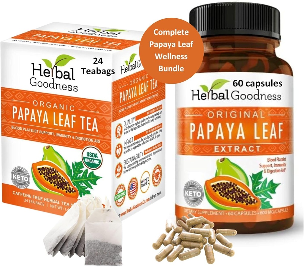 Papaya Leaf Extract capsule și Papaya Leaf Tea Bundle - Sprijin complet Immune sănătate și Digestive Wellness