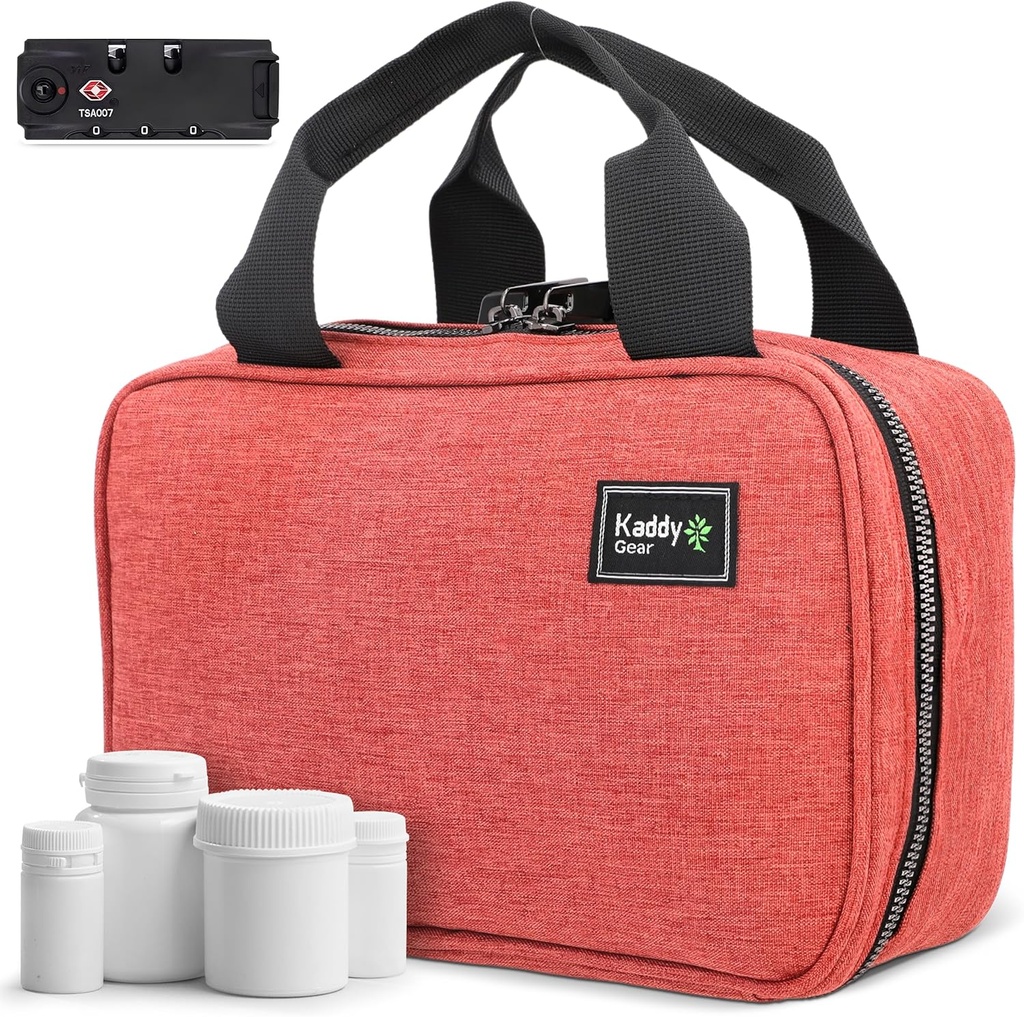 Kaddy Secure Pill Organizator Box, Depozitarea pentru sticle de medicamente sau suplimente; Toaleta; Călătorie sau acasă, TSA aprobat Lock (Red)