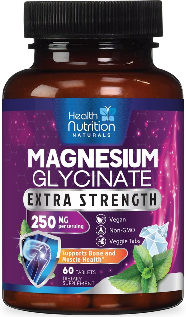 Magneziu Glicinat 250mg - 100% Magneziu Chelated pentru absorbţie maximă - Suport de somn, Musculare, Nervi, Os & Heart Health Support, Cel mai bun Mag Supliment, Vegan Non-GMO, 3rd Party Testat - 60 comprimate