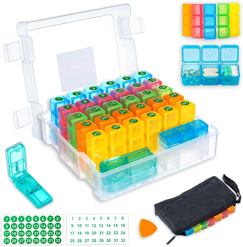 Organizator de pastile lunar 3 ori pe zi cu cutie de umiditate 31-Day, Sac de pastile saptamanal, Cutter Pill, Stickers, Pick de deschidere din plastic pentru utilizare ușoară, Management zilnic convenabil de medicație (alb)