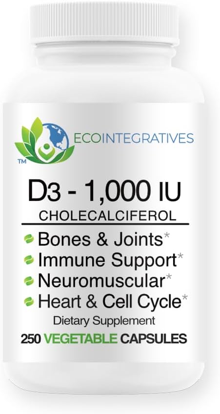 Vitamina D3-1000 UI 25 mcg (Cholecalciferol) Suport hipoalergic pentru mușchi, oase și dinți, sâni, prostată, cardiovascular, Colon & Imune Health (250 de capsule vegetale)