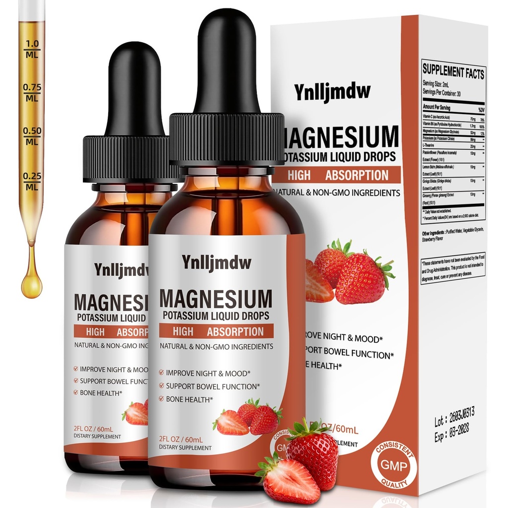 Magneziu Glicinat Picături lichide, 1000 mg Supliment de magneziu lichid cu Bromelain, vitamina B6 C D, Complex de magneziu de înaltă absorbţie pentru noapte, Muscle & Energy Support, 2 Fl Oz (Pachet de 2)