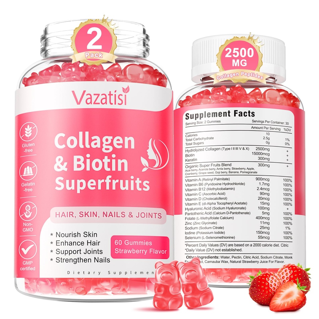2 Pack Sugar gratuit Colagen Gummes pentru femei, Multi Colagen Peptide Gumies Tip I II III V X cu vitamina Biotina A B C D E pentru unghii de piele de par, aroma de capsuni, 120 Conte