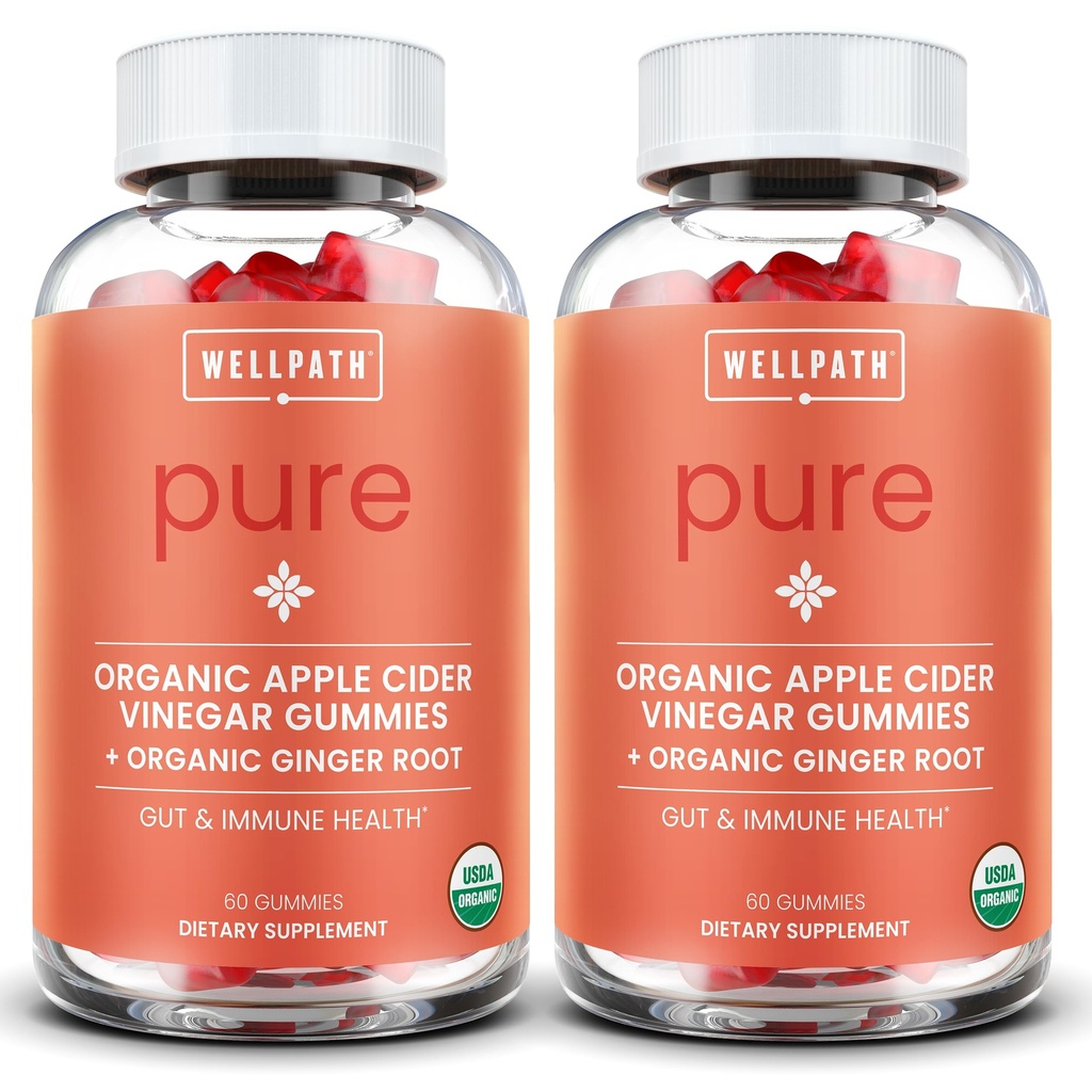 WellPath Pure ACV Gummies (2 Pack) - Oţet de cidru de mere cu mamă - USDA Gummy organică cu ghimbir pentru sănătate Gut 