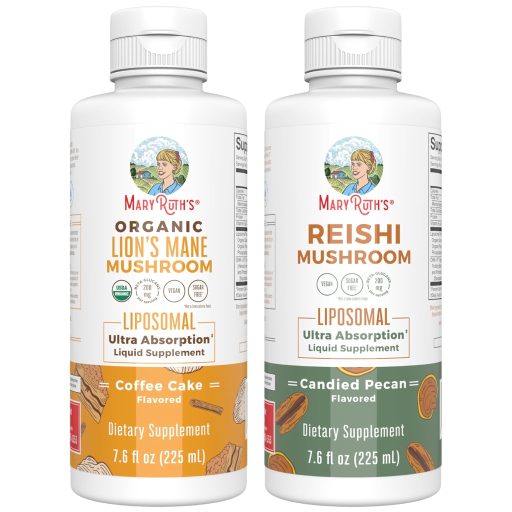 MaryRuth Organics Lion's Mane Liposomal (Cafea Cake) & Reishi Mushroom (Canded Pecan) 