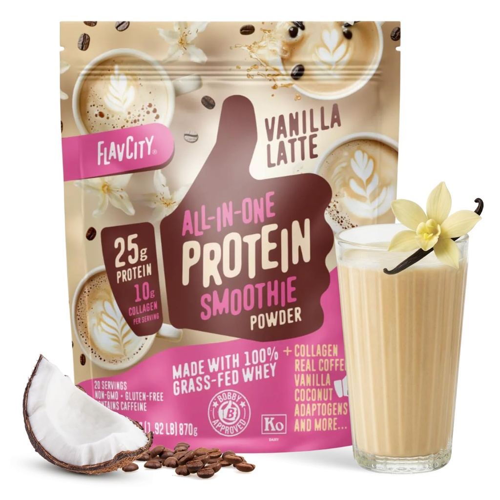 FlavCity Grass Fed Whey Pulbere de proteine - Vanilla Latte - 25g Proteine, 10g Colagen & 60mg de Cafeina - Made with Real Vanilla Bean & Organic Coconut - Gluten Free & No Added Sugars (20 Serviri)