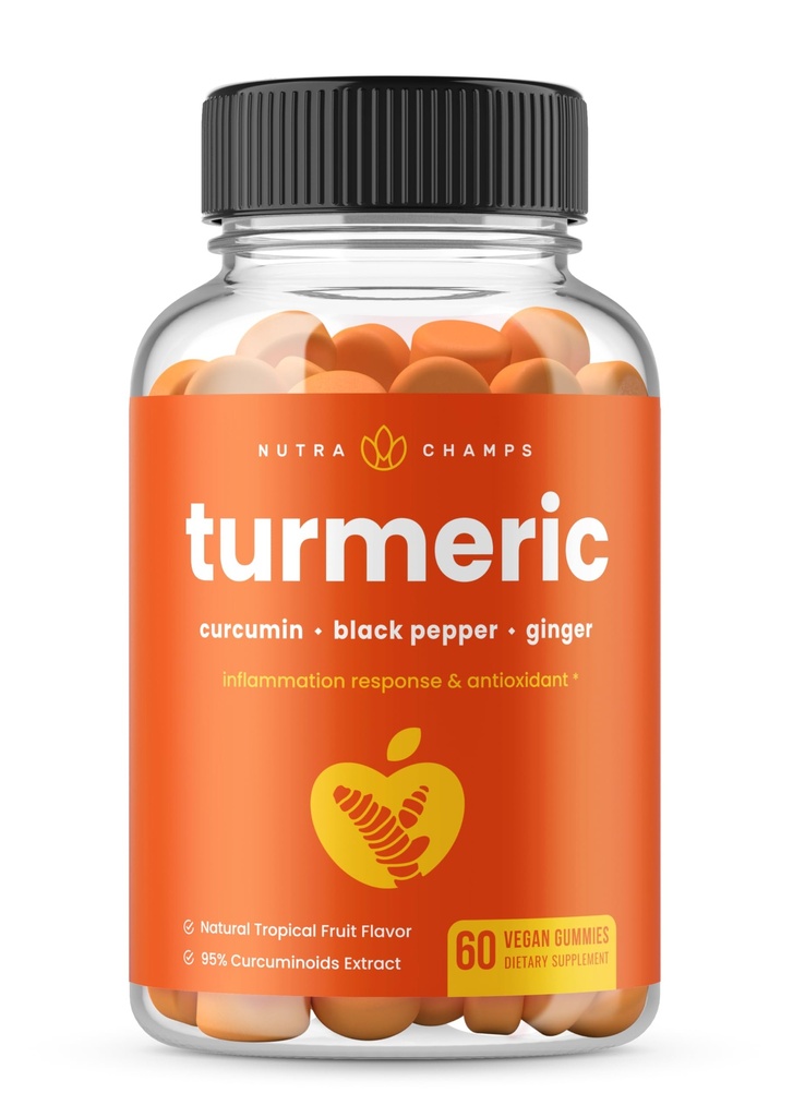 NutraChamps Gume Turmeric pentru adulți și copii cu extract de ghimbir și piper negru, 95% Curcuminoide, supliment de sprijin comun cu curcumin natural din Vegan, Suplimente de gumă tumerice