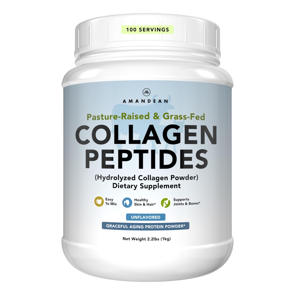AMANDEAN Colagen Peptides Powder 1kg. Grass-Fed, Enzymaticlyzed, Tip 1 & 3. Agregate, uşor de amestecat, nearomatizate, non-OMG. Proteine cu 18 Aminoacidi pentru piele sanatoasa, par, unghii.