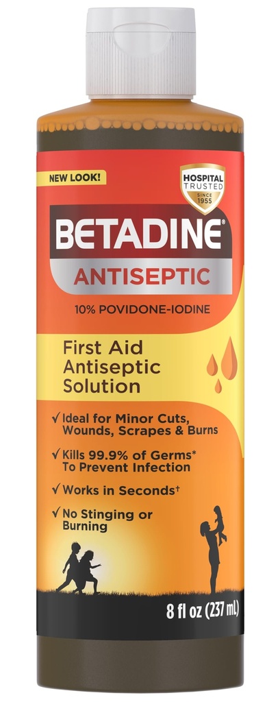 Betadină Soluţie antiseptică de prim ajutor, Povidonă- iod 10%, Protecţia infecţiilor, Ucide germenii în tăieturi minore şi arsuri, fără Sting Promise, fără alcool sau hidrogen Peroxid, 8 FL OZ