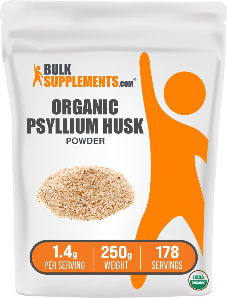 BulkSupplements.com Psyllium Organic Husk Powder - Psyllium Husk Powder for Cooking, Fiber Supplement - Gluten Free, 1.4g per Serving, 250g (8,8 oz) (Pachet de 1)