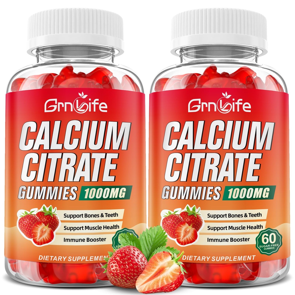 2 Pachet Citrat de calciu Gumries, Citrat de calciu fără zahăr 1000 mg pentru musculare sănătoase, Absorbție Suplimente de calciu pentru adulți și copii, căpșuni, 120 Conte