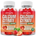 2 Pachet Citrat de calciu Gumries, Citrat de calciu fără zahăr 1000 mg pentru musculare sănătoase, Absorbție Suplimente de calciu pentru adulți și copii, căpșuni, 120 Conte