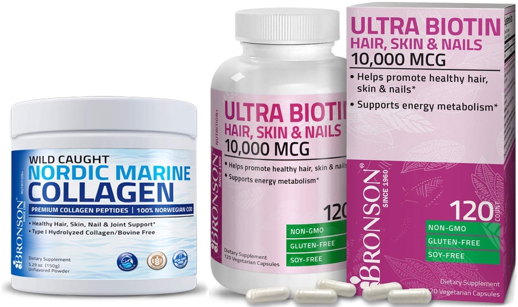 Bronson Marine Colagen Peptides Hidrolized Proteine pulbere + Ultra Biotin 10000 Mcg par Piele si unghii Supliment