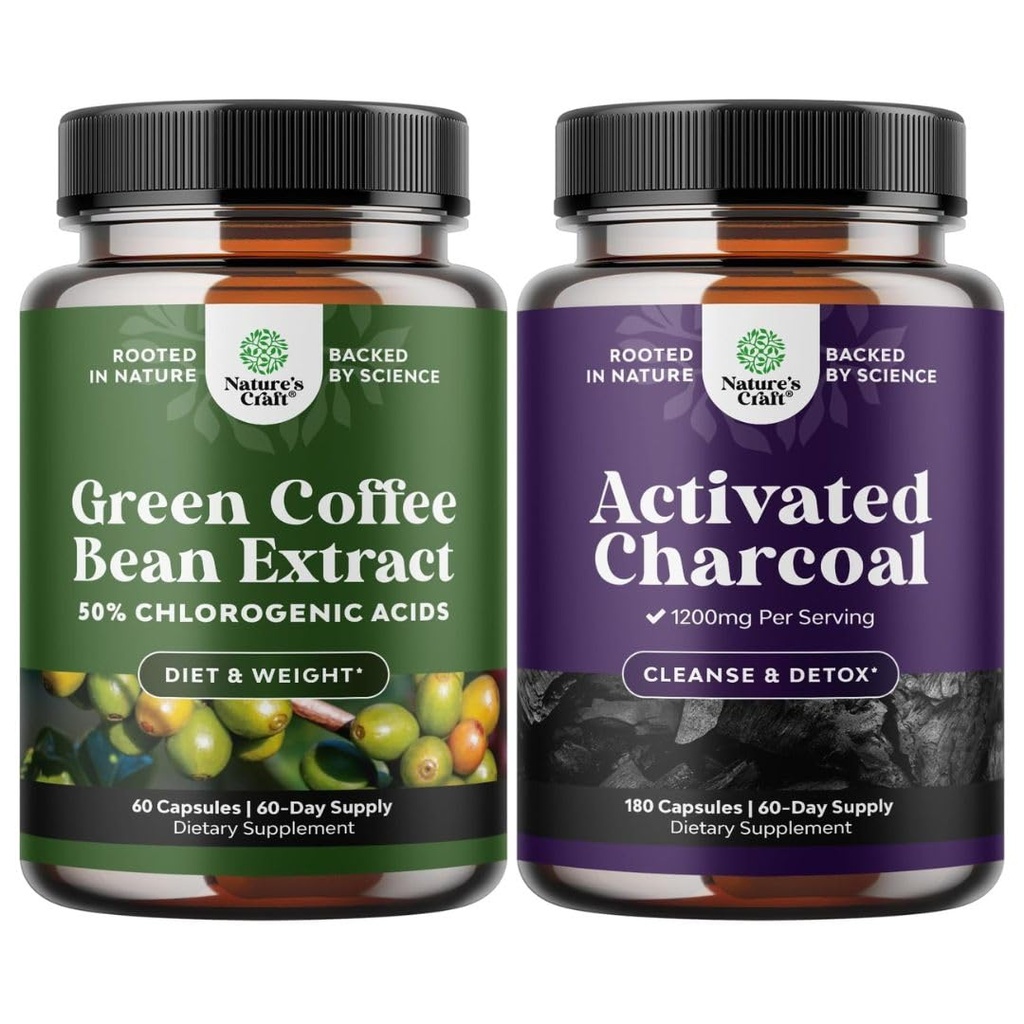 Bundle de cafea verde pur extract de fasole pentru antioxidant inima sanatate focalizare mentala si marime reducerea si curatarea si detoxifiere capsule Charcoal activate pentru umflare de ajutor si dezintoxicare organism curata