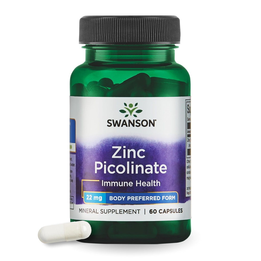 Swanson Zinc Picolinat - Suplimentul mineral Promovarea sanatatii prostatei, Vision Health, & Imunity Support - Corpul preferat Forma de zinc Chelated - (60 Capsule, 22mg Fiecare)
