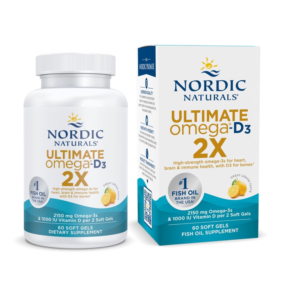 Naturale nordice Omega 2X Ultimate cu vitamina D3, Aroma de lamaie - 60 Geluri moi - 2150 mg Omega-3 + 1000 UI D3 - EPA & DHA - Brain, Heart, & Immune Health - 30 Servings