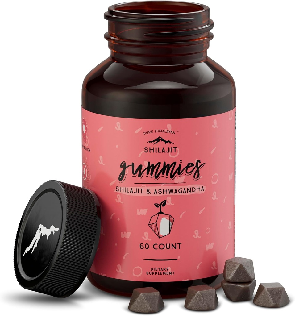 Pure Himalayan Shilajit Gummies, Sugar-Free, 85 + Trace Minerale & Acidul pelvian pentru energie, Metabolizare & Suport Imun, Shilajit pentru bărbați și femei, Ashwaghanda Gummies (60 Count)