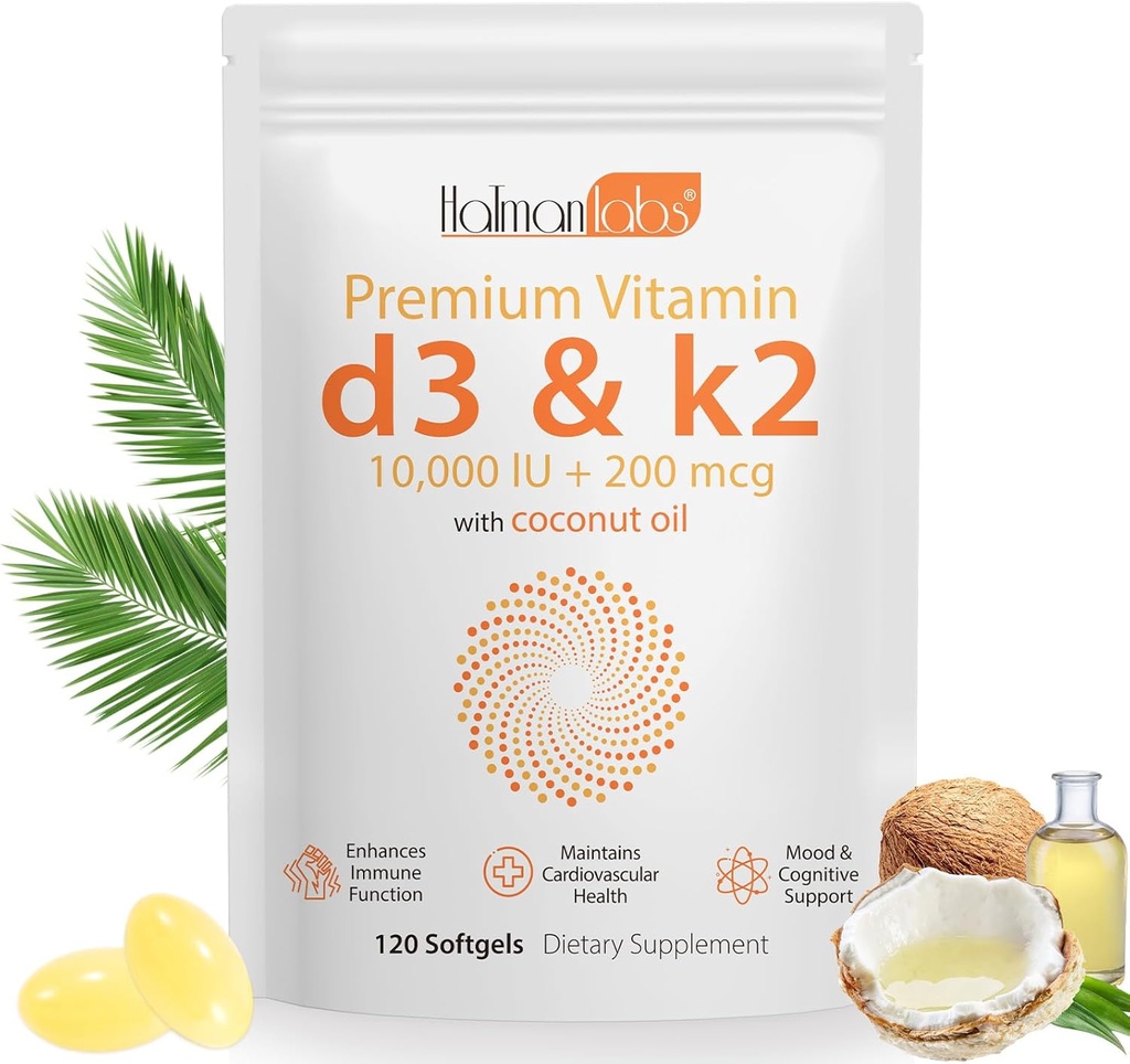 Vitamina D3 K2 Supliment Softgel,2-in-1 Micro Ingrediente Vitamina D3 10000 UI + 200 MCG Vitamina K2,Coconut Ulei Softgels,Free of OMG, Supliment Softgel (120Pcs)