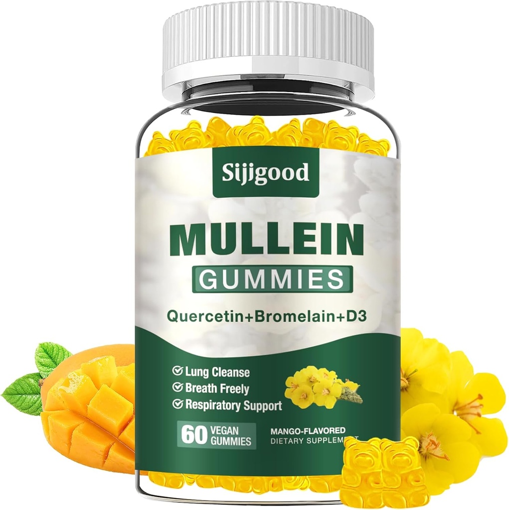 Mullein Gummies pentru Plămâni, Mullein Leaf Extract Supliment pentru Digestive & Respirative & Imun cu Bromelain, Querbetin, Mango Flavor, 60 Conte