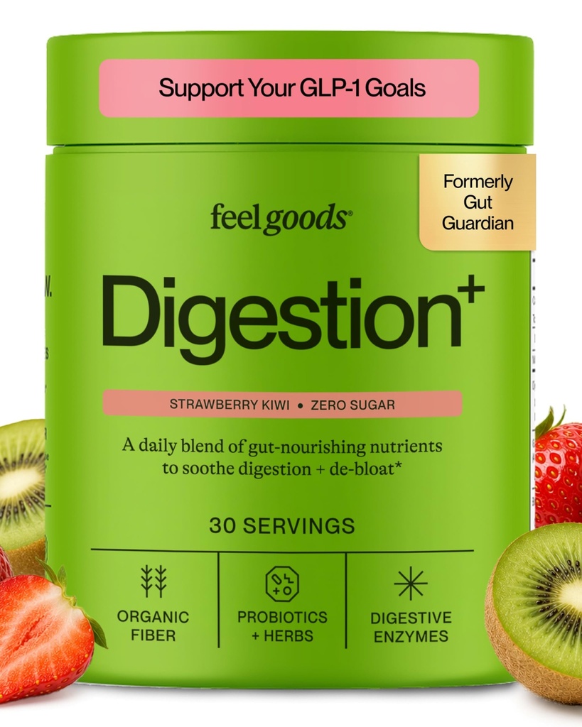 Feel Goods Gut Guardian, Organic Fiber, Probiotic & Prebiotic Powder, Sugar Free, Herbs for Bloat, Gut Health Support, Digestive Health for Men & Women, Non OMG, Vegan, Strawberry Kiwi, 30 Servings