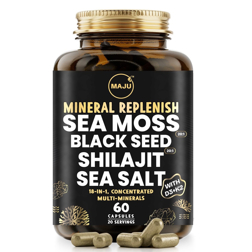 Maju Superfoods 18-in-1 Sea Moss, Black Seed, Shilajit, Sare de mare + D3 & K2, extracte concentrate, Trace Multi Minerale Capsule, pentru bărbați și femei Electroliti minerale Suplimente