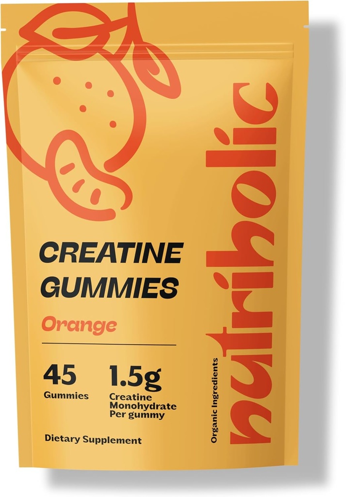 Creatine Monohidrat Gume pentru bărbaţi şi femei - Ușor de digest, Vegan, Gluten-Free, non-GMO, 1,5g de Creatin per Gummy - 45ct (45 Conte, Orange)