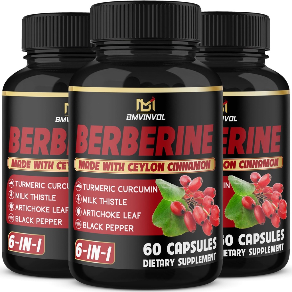 (3 Pachete) Berberine Supliment Plus Ceylon Scorțișoară, Lapte Thistle, Turmeric, Artichoke Leaf, Negru Peppe - 6 Luna de aprovizionare - 180 capsule Total