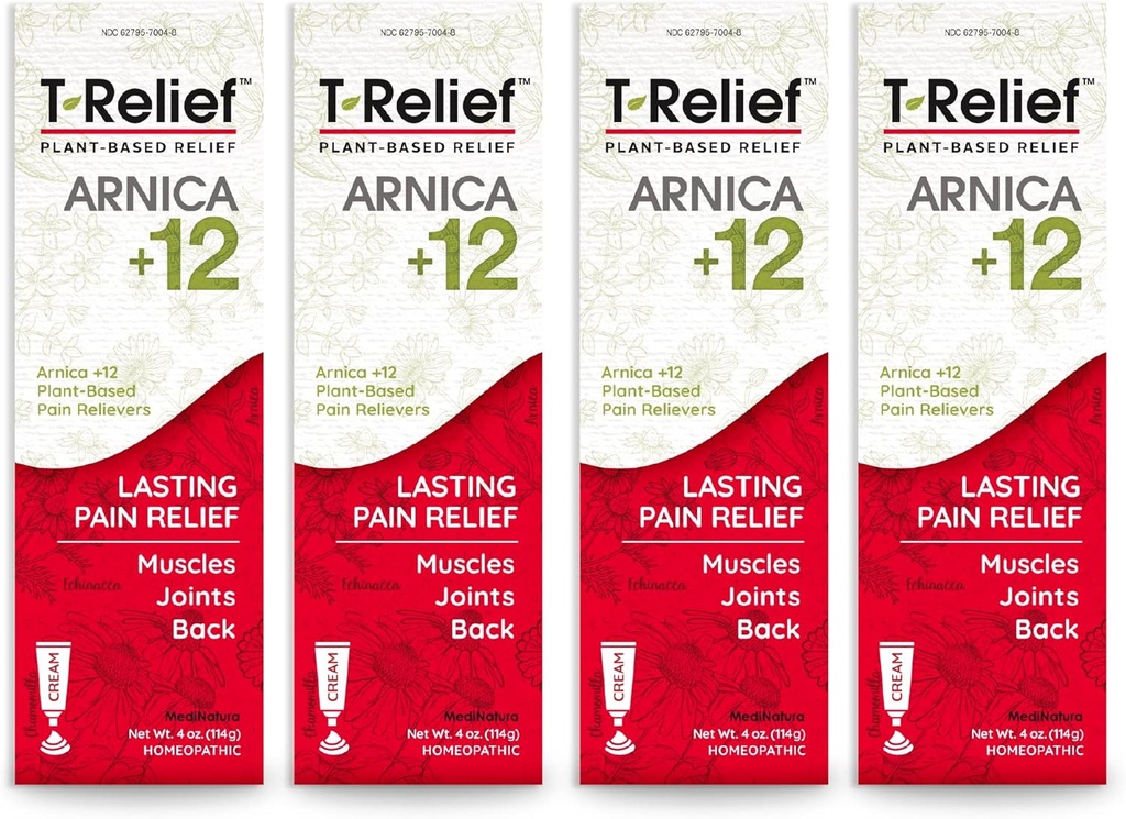 T-Relief Arnica +12 Cream Natural Relieving Active pentru dureri de spate dureri articulare dureri musculare Dureri și Stiffness, corp întreg rapid acțiune ajutor pentru femei și bărbați - 4 oz (4 ambalaj)