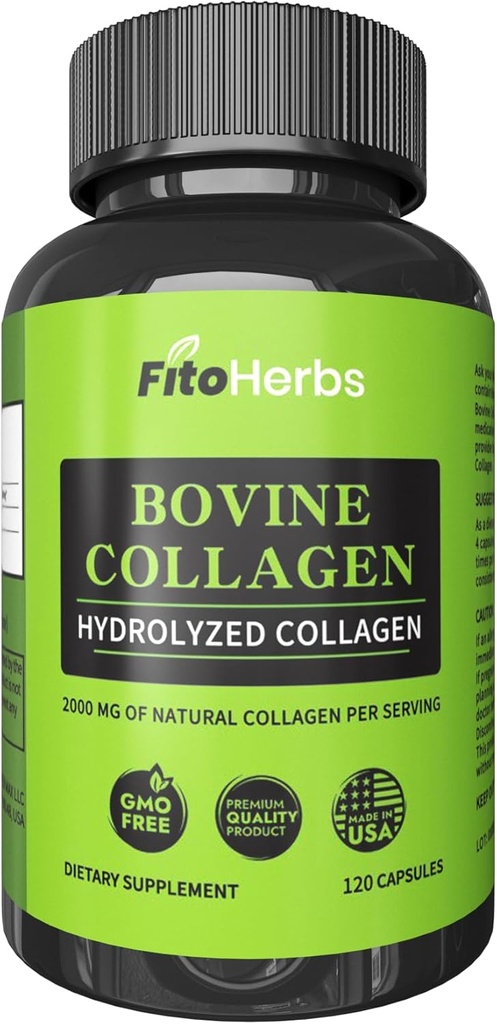 Capsule de colagen bovin Vegan - Suplimente puternice pentru bărbaţi şi femei - supliment de petide hidrolizate bovine Colagen pentru suport comun, nervos şi osos - Grass Fed, non-GMO - 120 capsule