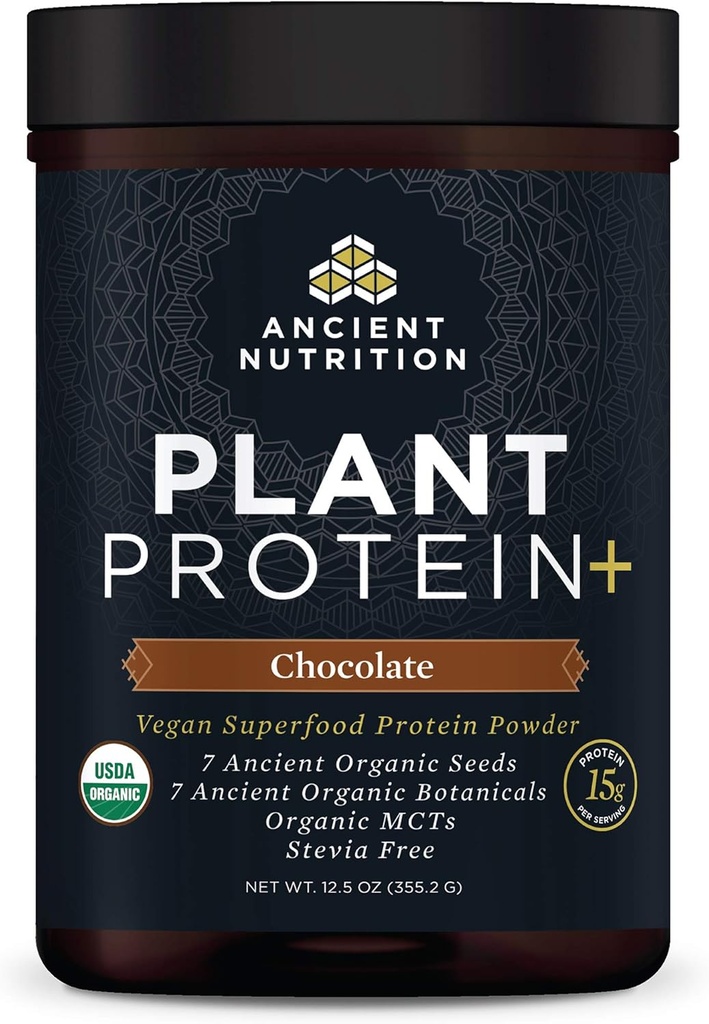 Pudră de proteine pe bază de plante de nutriție antică, Proteină de plante+, Ciocolată, Superalimente Vegan organic, 15g Proteina Per Servire, Gluten gratuit, Paleo prietenos 12 Servire