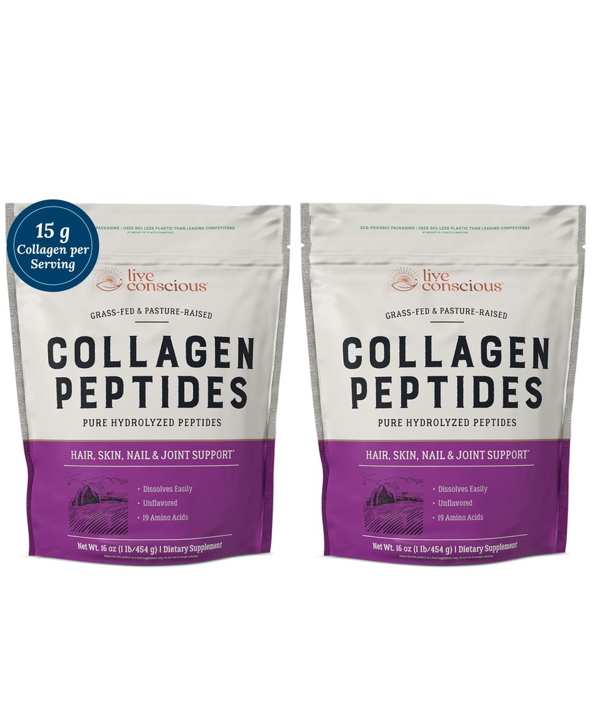 Live conștiință Colagen Peptides pulbere - păr, piele, unghii și suport comun - Tip I & III Colagen - Proteină hidrolizată natural- 16oz (2-Pack)