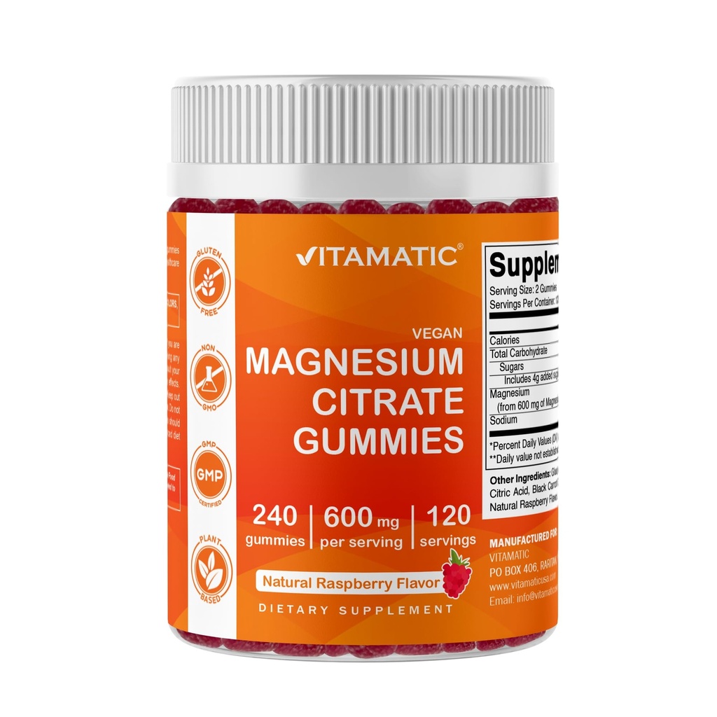 Vitamatic Magneziu Citrate Gumries 600mg per Servire - 240 Vegan Gummies - Aroma naturala de zmeura - Supliment de magneziu de mare absorbtie - Suporturi Nervi, sanatate osoasa si musculara