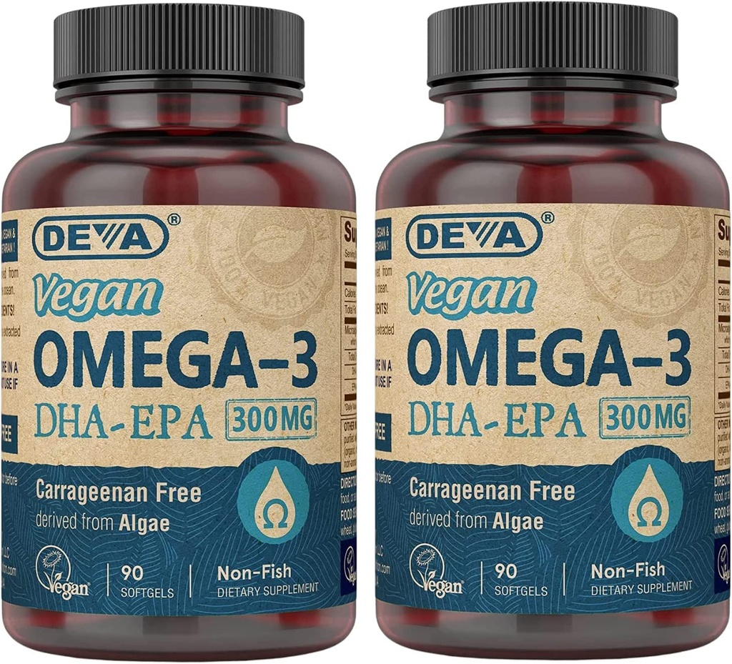 DEVA Vegan DHA-EPA Supliment nutritional, Non-Fish Derived din Algae, 300 mg Potenta, 90 Vegetarian Softgels - Pachet de 2