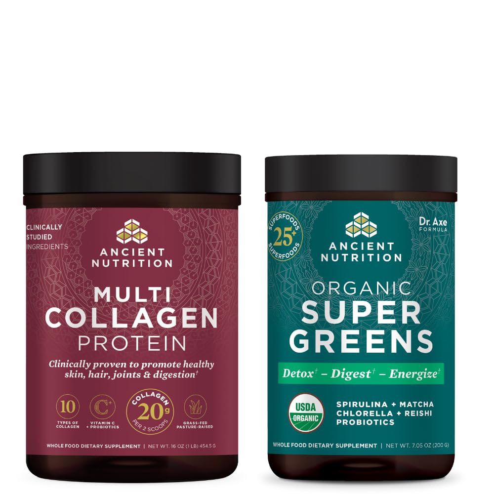 Nutriție antică organică SuperGreens pulbere, 25 Serviri + Multi Colagen Pulbere de proteine, Nearomat, 45 Serviri