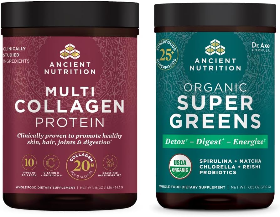 Nutriție antică organică SuperGreens pulbere, 25 Serviri + Multi Colagen Pulbere de proteine, Nearomat, 45 Serviri