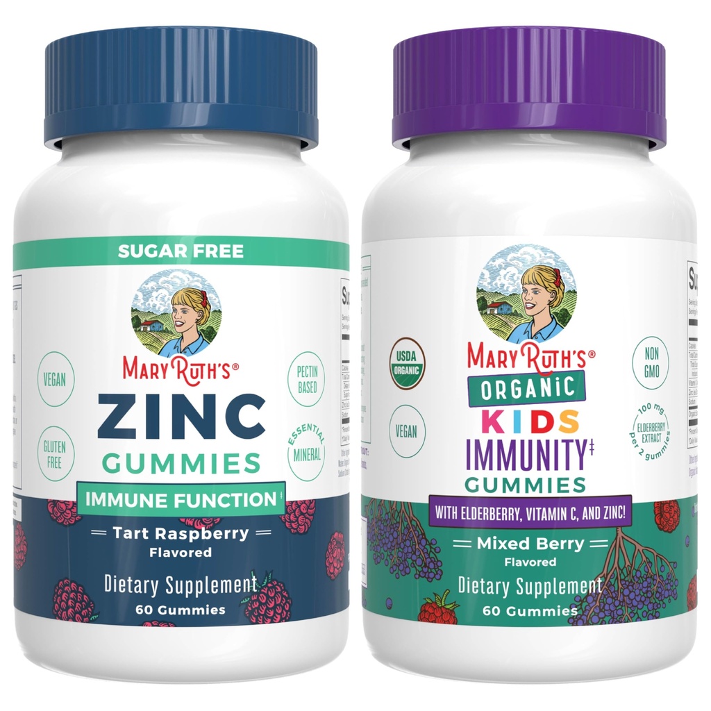 MaryRuth Organics Zinc (Tart Raspberry) & Copii Gummies Imunitate (amestecat Berry) 