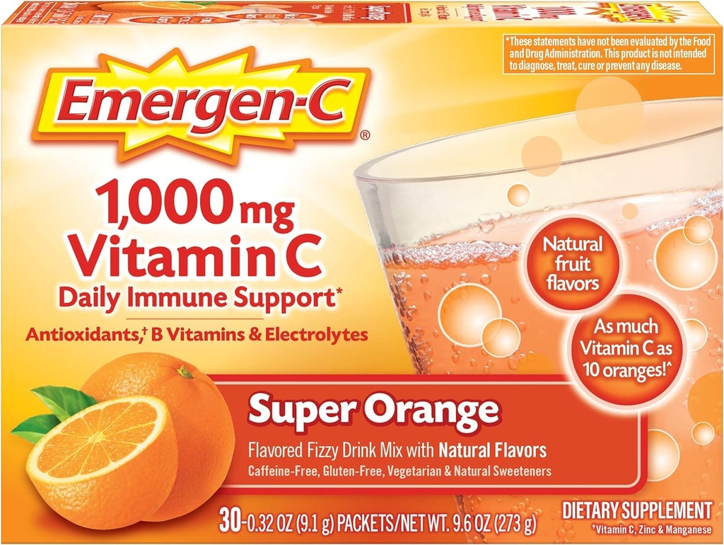 Emergen-C 1000mg Vitamina C pulbere pentru suport imunitar zilnic Cafeina suplimente de vitamina C gratuit cu zinc și mangan, Super Orange Flavor - 30 Conte