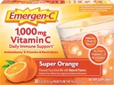 Emergen-C 1000mg Vitamina C pulbere pentru suport imunitar zilnic Cafeina suplimente de vitamina C gratuit cu zinc și mangan, Super Orange Flavor - 30 Conte
