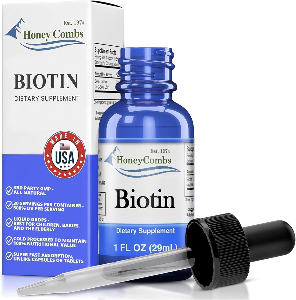Biotin Picături lichide făcute în Statele Unite ale Americii - mare pentru păr, piele, unghii 500% DV per Serving - 36 Serviri pe container - Mare pentru bărbați, femei, copii - Vitamina Vegan B7 lichid - Mărime vrac, de asemenea, disponibile