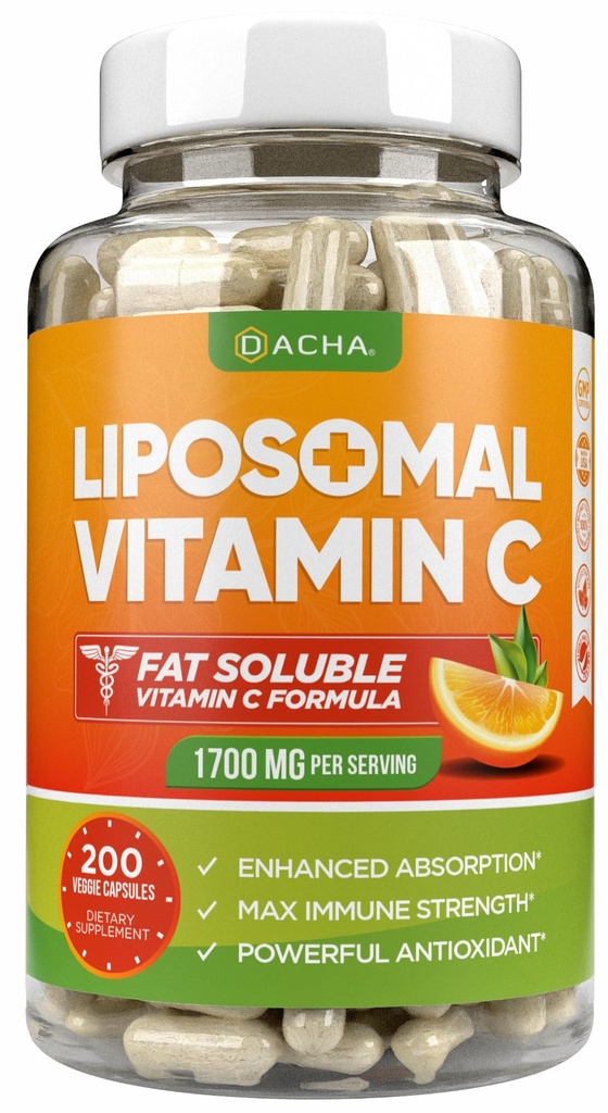 DACHA Natural lipozomal Vitamina C - 1700 mg, 200 capsule, Sistem imunitar & Colagen Booster, Absorbție mare Fat Solubil C, Buffered, Vitamine de piele, Vegetarian, Vegan