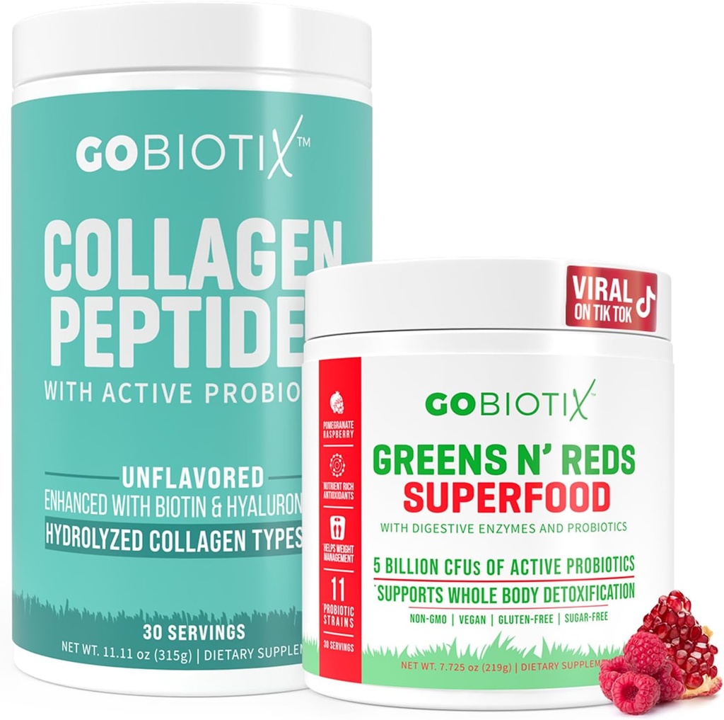 GOBIOTIX Super Greens & Colagen Bundle - Vitality Boost with Organic Spirulina & Hair-Skin-nails Support - 30 Servings Fiecare